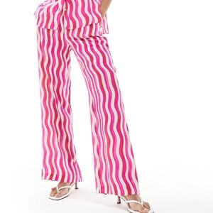 Mango Pink and White Wave Pattern Wide Leg Trouser